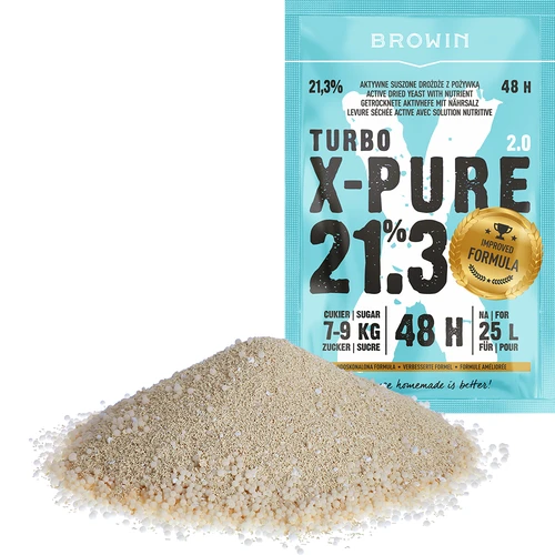Kvasnice Turbo X-Pure 21,3% 48h, 25 L - 3 ['kvasnice liehovarnícke', ' cukrové', ' na vysokopercentné kvasenie', ' na cukrové kvasenie', ' na ovocné kvasenie', ' na obilné kvasenie', ' vysoký percent alkoholu', ' turbo kvasnice', ' destilácia', ' viac ako 21%', ' rýchla fermentácia', ' kvasnice Browin', ' na pálenku', ' kvasnice 21%', ' kvasnice pure', ' kvasnice alco', ' kvasnice alko', ' silné kvasnice']