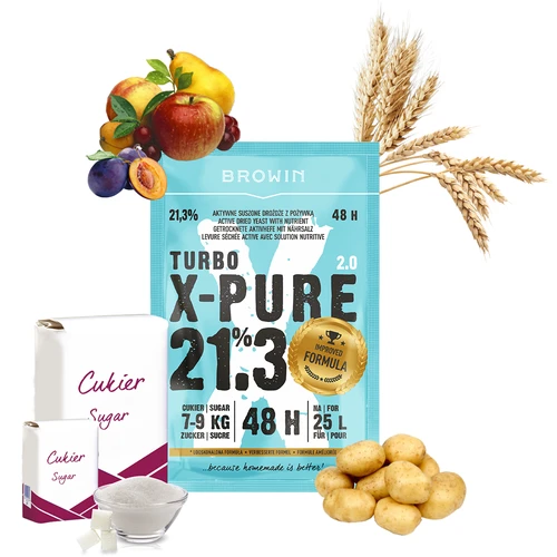 Kvasnice Turbo X-Pure 21,3% 48h, 25 L - 4 ['kvasnice liehovarnícke', ' cukrové', ' na vysokopercentné kvasenie', ' na cukrové kvasenie', ' na ovocné kvasenie', ' na obilné kvasenie', ' vysoký percent alkoholu', ' turbo kvasnice', ' destilácia', ' viac ako 21%', ' rýchla fermentácia', ' kvasnice Browin', ' na pálenku', ' kvasnice 21%', ' kvasnice pure', ' kvasnice alco', ' kvasnice alko', ' silné kvasnice']