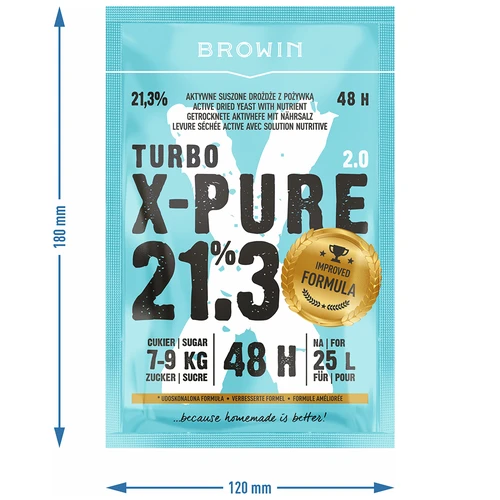 Kvasnice Turbo X-Pure 21,3% 48h, 25 L - 5 ['kvasnice liehovarnícke', ' cukrové', ' na vysokopercentné kvasenie', ' na cukrové kvasenie', ' na ovocné kvasenie', ' na obilné kvasenie', ' vysoký percent alkoholu', ' turbo kvasnice', ' destilácia', ' viac ako 21%', ' rýchla fermentácia', ' kvasnice Browin', ' na pálenku', ' kvasnice 21%', ' kvasnice pure', ' kvasnice alco', ' kvasnice alko', ' silné kvasnice']