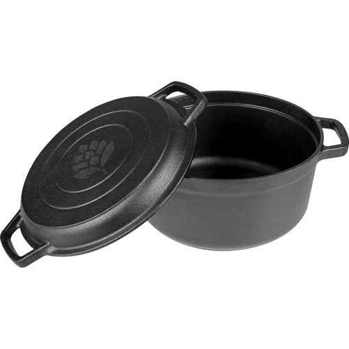 Liatinový hrniec s panvicou, 5 L + 1 L - 4 ['hrniec s panvicou', ' 2 v 1', ' liatinový hrniec', ' liatinová panvica', ' liatinová panvica', ' súprava liatinového riadu', ' na varenie', ' na smaženie', ' na pečenie', ' na táborák', ' grilovacia panvica']