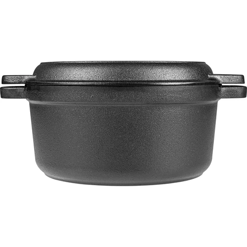 Liatinový hrniec s panvicou, 5 L + 1 L - 5 ['hrniec s panvicou', ' 2 v 1', ' liatinový hrniec', ' liatinová panvica', ' liatinová panvica', ' súprava liatinového riadu', ' na varenie', ' na smaženie', ' na pečenie', ' na táborák', ' grilovacia panvica']