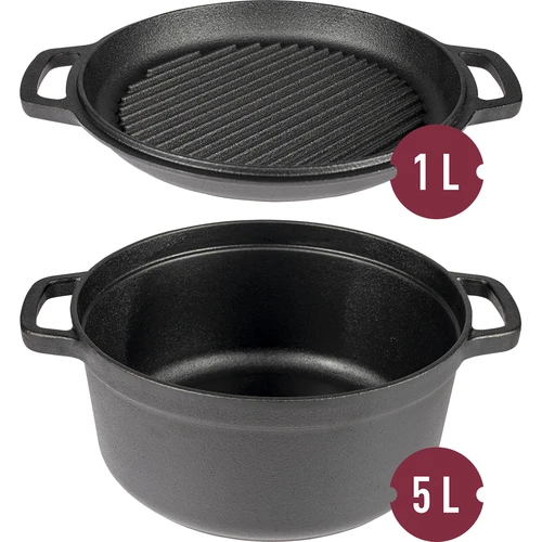 Liatinový hrniec s panvicou, 5 L + 1 L - 2 ['hrniec s panvicou', ' 2 v 1', ' liatinový hrniec', ' liatinová panvica', ' liatinová panvica', ' súprava liatinového riadu', ' na varenie', ' na smaženie', ' na pečenie', ' na táborák', ' grilovacia panvica']