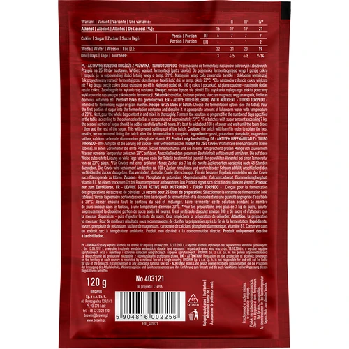 Liehovarnícke kvasnice Turbo Torpedo 72h 21% - 120 g - 2