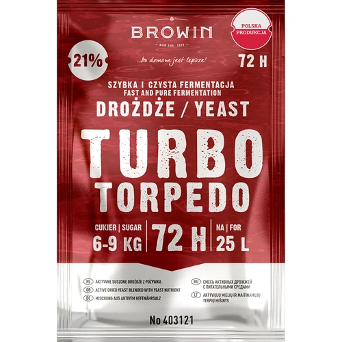 Liehovarnícke kvasnice Turbo Torpedo 72h 21% - 120 g  - 1 ['turbo kvasnice', ' liehovarnícke kvasnice', ' kvasnice na alkohol', ' na ovocné zápary', ' kvasnice na zemiaky', ' kvasnice na 21%', ' na pálenku', ' silné kvasnice', ' destilácia', ' na vysokopercentné zápary', ' kvasnice browin', ' kvasnice na whiskey', ' kvasnice na vodku zo zemiakov', ' domáce alkoholy', ' kvasnice 72h']
