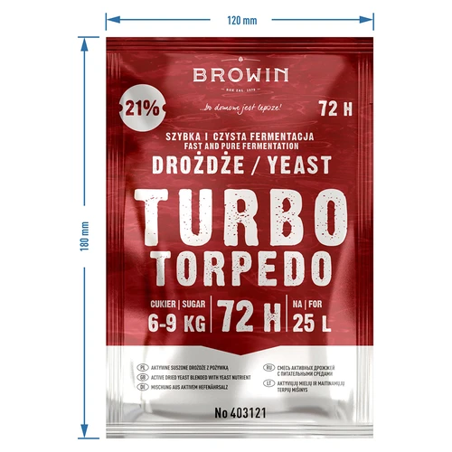 Liehovarnícke kvasnice Turbo Torpedo 72h 21% - 120 g - 4 ['turbo kvasnice', ' liehovarnícke kvasnice', ' kvasnice na alkohol', ' na ovocné zápary', ' kvasnice na zemiaky', ' kvasnice na 21%', ' na pálenku', ' silné kvasnice', ' destilácia', ' na vysokopercentné zápary', ' kvasnice browin', ' kvasnice na whiskey', ' kvasnice na vodku zo zemiakov', ' domáce alkoholy', ' kvasnice 72h']