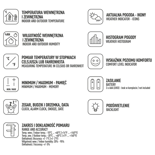 Meteorologická stanica – elektronická, podsvietená, sonda, biela - 6 ['meteorologická stanica so sondou', ' teplomer-vlhkomer', ' multifunkčná meteorologická stanica', ' na meranie teploty', ' s hodinami', ' podsvietený displej', ' pamäť mini-max', ' meranie vlhkosti', ' browin', ' meteorologická stanica']