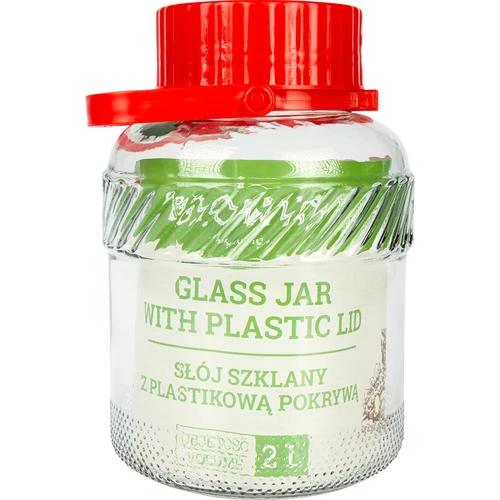 Nádoba 2L s plastovým vekom  - 1 ['veľká nádoba', ' veľký pohár', ' veľká sklenená nádoba', ' nádoba na zaváranie', ' na kvasenie', ' na uhorky', ' na kapustu', ' priemyselná nádoba', ' nádoba s kliešťami', ' nádoba kliešte', ' kliešte na uhorky']