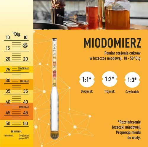 Nerozbitný cukromer na medovinu s odmernou skúmavkou, merací rozsah 10-50°Blg - 6