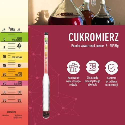 Nerozbitný cukromer s skúmavkou, rozsah merania: -5-35°Blg - 5 ['cukromer', ' nerozbitný cukromer', ' bezpečný cukromer', ' nerozbitný merač cukru na víno', ' areometer na kvapaliny', ' meranie balinga vína', ' prístroj na meranie cukru', ' jednoduché meranie cukru v nastaveniach', ' meranie cukru v mladine', ' meranie obsahu cukru', ' ukazovateľ obsahu cukru v nastaveniach', ' cukromer s čitateľnou stupnicou', ' aký cukromer vybrať', ' darček pre výrobcu nápojov', ' inovatívny merač na pitné kvapaliny', ' ukazovateľ hladiny cukru v kvapalinách', ' na výrobu nápojov']