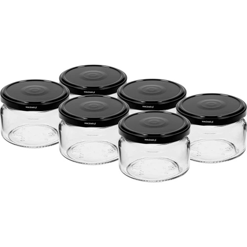 Nízka nádoba 200ml - s čiernym viečkom fi 82/6, 6ks.  - 1 ['nízka nádoba', ' sklenená nádoba', ' nádoba 200 ml', ' twist-off viečko', ' nádoba na džemy', ' nádoba na skladovanie', ' domáce konzervy', ' nádoba na slede', ' nádoba na šalát', ' nádoba na dezert']