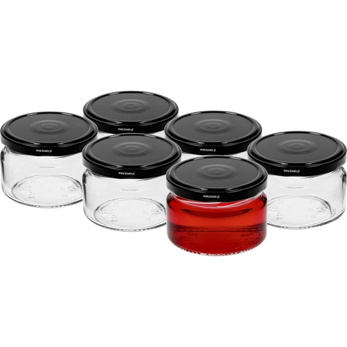 Nízka nádoba 200ml - s čiernym viečkom fi 82/6, 6ks. - 2 ['nízka nádoba', ' sklenená nádoba', ' nádoba 200 ml', ' twist-off viečko', ' nádoba na džemy', ' nádoba na skladovanie', ' domáce konzervy', ' nádoba na slede', ' nádoba na šalát', ' nádoba na dezert']