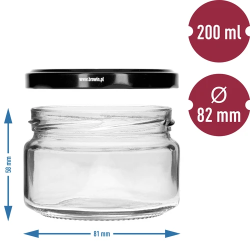 Nízka nádoba 200ml - s čiernym viečkom fi 82/6, 6ks. - 5 ['nízka nádoba', ' sklenená nádoba', ' nádoba 200 ml', ' twist-off viečko', ' nádoba na džemy', ' nádoba na skladovanie', ' domáce konzervy', ' nádoba na slede', ' nádoba na šalát', ' nádoba na dezert']