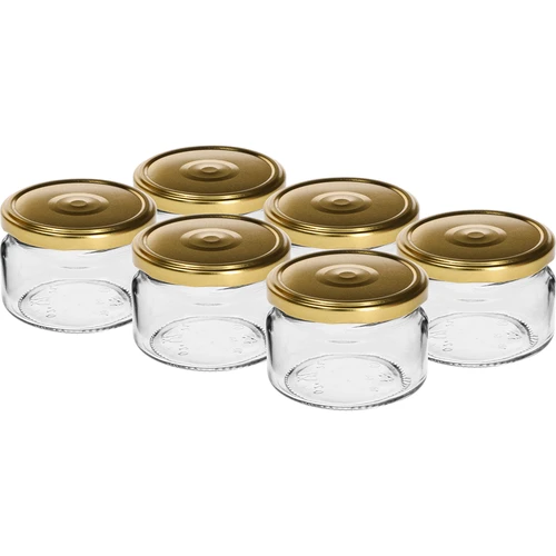 Nízka nádoba 200ml - so zlatým viečkom fi 82/6, 6ks.  - 1 ['nízka nádoba', ' sklenená nádoba', ' nádoba 200ml', ' twist-off viečko', ' nádoba na džemy', ' nádoba na skladovanie', ' domáce konzervy', ' nádoba na slede', ' nádoba na šalát', ' nádoba na dezert']