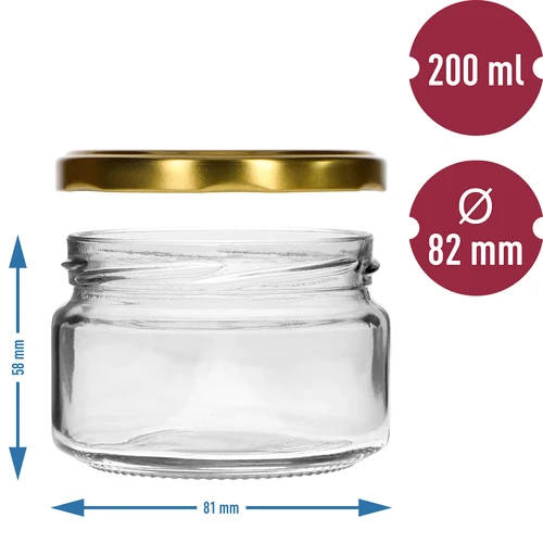 Nízka nádoba 200ml - so zlatým viečkom fi 82/6, 6ks. - 5 ['nízka nádoba', ' sklenená nádoba', ' nádoba 200ml', ' twist-off viečko', ' nádoba na džemy', ' nádoba na skladovanie', ' domáce konzervy', ' nádoba na slede', ' nádoba na šalát', ' nádoba na dezert']