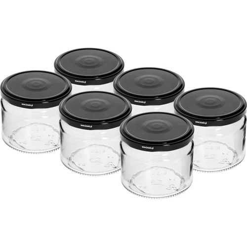 Nízka nádoba 330ml - s čiernym viečkom fi 82/6, 6ks.  - 1 ['nízka nádoba', ' sklenená nádoba', ' nádoba 330ml', ' twist-off viečko', ' nádoba na džemy', ' nádoba na skladovanie', ' domáce konzervy', ' nádoba na slede', ' nádoba na šalát', ' nádoba na dezert']
