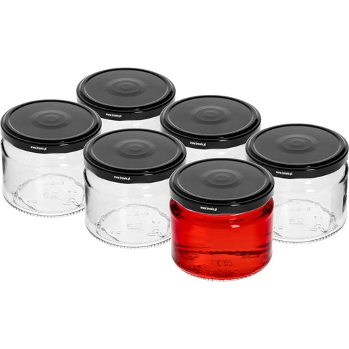 Nízka nádoba 330ml - s čiernym viečkom fi 82/6, 6ks. - 2 ['nízka nádoba', ' sklenená nádoba', ' nádoba 330ml', ' twist-off viečko', ' nádoba na džemy', ' nádoba na skladovanie', ' domáce konzervy', ' nádoba na slede', ' nádoba na šalát', ' nádoba na dezert']