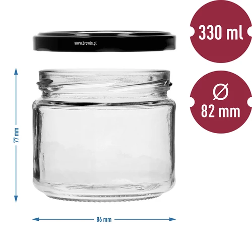 Nízka nádoba 330ml - s čiernym viečkom fi 82/6, 6ks. - 7 ['nízka nádoba', ' sklenená nádoba', ' nádoba 330ml', ' twist-off viečko', ' nádoba na džemy', ' nádoba na skladovanie', ' domáce konzervy', ' nádoba na slede', ' nádoba na šalát', ' nádoba na dezert']