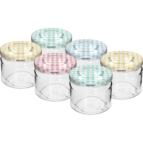 Nízka nádoba 330ml - s farebným viečkom fi 82/6, 6ks.  - 1 ['nízka nádoba', ' sklenená nádoba', ' nádoba 330ml', ' twist-off viečko', ' nádoba na džemy', ' nádoba na skladovanie', ' domáce konzervy', ' nádoba na slede', ' nádoba na šalát', ' nádoba na dezert']