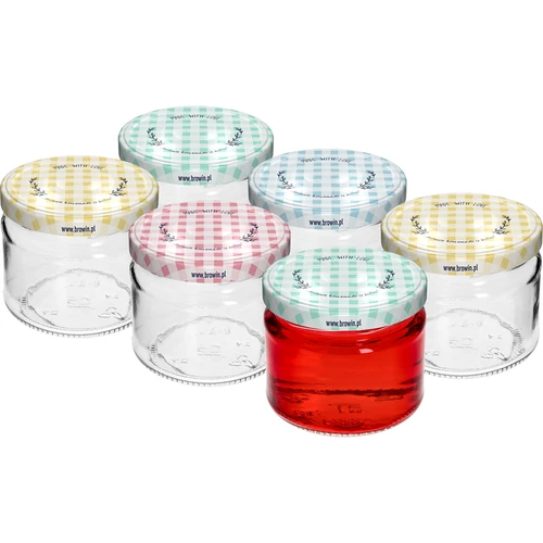 Nízka nádoba 330ml - s farebným viečkom fi 82/6, 6ks. - 2 ['nízka nádoba', ' sklenená nádoba', ' nádoba 330ml', ' twist-off viečko', ' nádoba na džemy', ' nádoba na skladovanie', ' domáce konzervy', ' nádoba na slede', ' nádoba na šalát', ' nádoba na dezert']