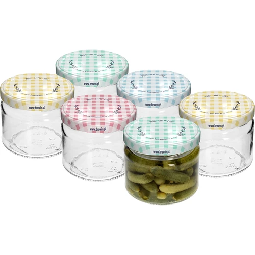 Nízka nádoba 330ml - s farebným viečkom fi 82/6, 6ks. - 3 ['nízka nádoba', ' sklenená nádoba', ' nádoba 330ml', ' twist-off viečko', ' nádoba na džemy', ' nádoba na skladovanie', ' domáce konzervy', ' nádoba na slede', ' nádoba na šalát', ' nádoba na dezert']