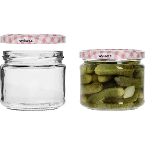 Nízka nádoba 330ml - s farebným viečkom fi 82/6, 6ks. - 5 ['nízka nádoba', ' sklenená nádoba', ' nádoba 330ml', ' twist-off viečko', ' nádoba na džemy', ' nádoba na skladovanie', ' domáce konzervy', ' nádoba na slede', ' nádoba na šalát', ' nádoba na dezert']