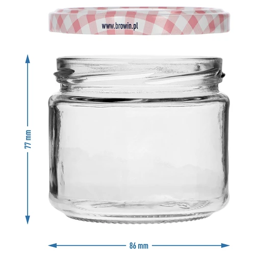 Nízka nádoba 330ml - s farebným viečkom fi 82/6, 6ks. - 7 ['nízka nádoba', ' sklenená nádoba', ' nádoba 330ml', ' twist-off viečko', ' nádoba na džemy', ' nádoba na skladovanie', ' domáce konzervy', ' nádoba na slede', ' nádoba na šalát', ' nádoba na dezert']