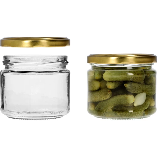 Nízka nádoba 330ml - so zlatým viečkom fi 82/6, 6ks. - 5 ['nízka nádoba', ' sklenená nádoba', ' nádoba 330ml', ' viečko twist-off', ' nádoba na džemy', ' nádoba na skladovanie', ' domáce konzervy', ' nádoba na slede', ' nádoba na šalát', ' nádoba na dezert']