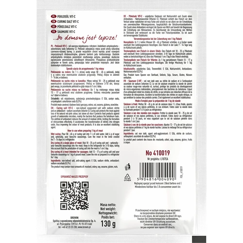 Peklosól Vit-C - 130 g - 2 ['peklosól', ' pekla', ' soľ na nakladanie', ' pekla do mäsa', ' peklosól do mäsa', ' konzervácia mäsa', ' konzervácia mias', ' konzervácia údenín', ' na nakladanie', ' nálev na nakladanie', ' vitamín C', ' askorbát sodný']