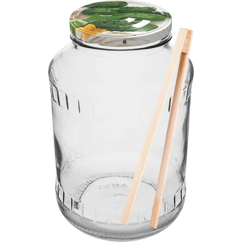 Pohár 1,5 L, fi 82/6 s farebným viečkom + kliešte  - 1 ['sklenený pohár', ' pohár s viečkom', ' pohár na nakladanie uhoriek', ' pohár na uhorky', ' pohár s kliešťami', ' kliešte na uhorky', ' kuchynské kliešte']