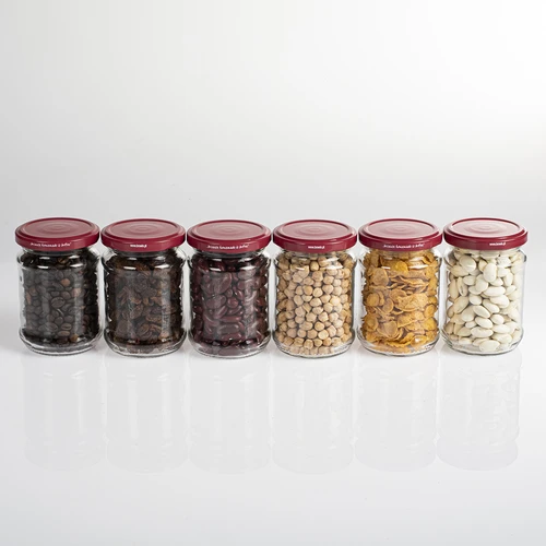 Pohár 250 ml fi66/4 viečko bordo - 6 ks. - 6 ['súprava pohárov', ' poháre na kvasenie', ' poháre na džemy', ' poháre s viečkami', ' poháre fi 66', ' poháre s viečkami 4 úchyty', ' poháre s bordovými viečkami', ' na zaváranie', ' na konzervovanie', ' nádoba na korenie']