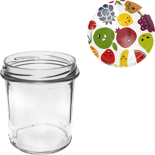 Pohár 350 ml s farebným viečkom - 6 ks. - 6 ['na zaváraniny', ' na džem', ' na kompót', ' na lekvár', ' slivkový', ' slivkové', ' z broskýň', ' broskyňový', ' ovocný', ' na dezert chia', ' čerešňový džem']