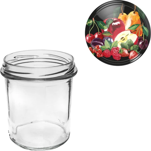 Pohár 350 ml s farebným viečkom - 6 ks. - 8 ['na zaváraniny', ' na džem', ' na kompót', ' na lekvár', ' slivkový', ' slivkové', ' z broskýň', ' broskyňový', ' ovocný', ' na dezert chia', ' čerešňový džem']