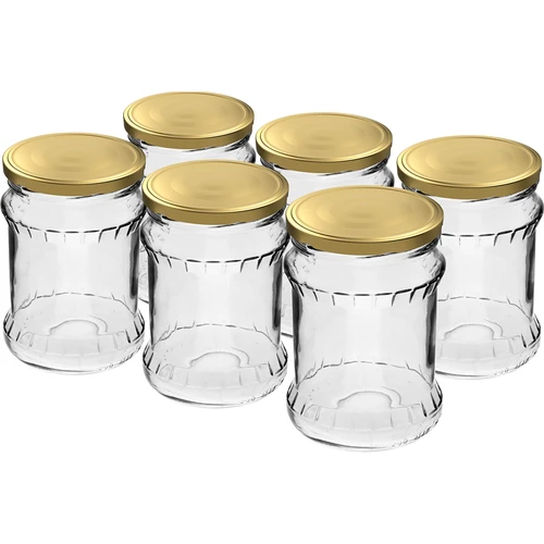 Pohár fisz vrúbkovaný 500ml - so zlatým viečkom fi 82/6, 6 ks.  - 1 ['sklenená nádoba', ' nádoba', ' pohár', ' pohár na kvasenie uhoriek', ' pohár na uhorky', ' pohár na zaváraniny', ' pohár na múku', ' pohár na polievku', ' pohár 500 ml', ' pohár s viečkom', ' pohár na zaváranie', ' poháre na zaváranie', ' pohár na med']