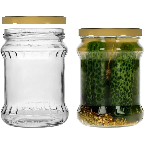 Pohár fisz vrúbkovaný 500ml - so zlatým viečkom fi 82/6, 6 ks. - 4 ['sklenená nádoba', ' nádoba', ' pohár', ' pohár na kvasenie uhoriek', ' pohár na uhorky', ' pohár na zaváraniny', ' pohár na múku', ' pohár na polievku', ' pohár 500 ml', ' pohár s viečkom', ' pohár na zaváranie', ' poháre na zaváranie', ' pohár na med']