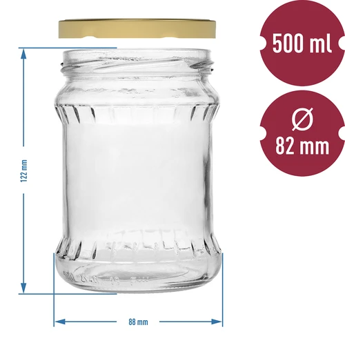 Pohár fisz vrúbkovaný 500ml - so zlatým viečkom fi 82/6, 6 ks. - 5 ['sklenená nádoba', ' nádoba', ' pohár', ' pohár na kvasenie uhoriek', ' pohár na uhorky', ' pohár na zaváraniny', ' pohár na múku', ' pohár na polievku', ' pohár 500 ml', ' pohár s viečkom', ' pohár na zaváranie', ' poháre na zaváranie', ' pohár na med']