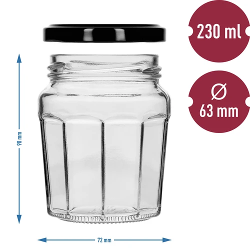 Pohár Konfitura 230ml s čiernym viečkom fi63/4 - 6ks - 8 ['pohár', ' pohár na džem', ' pohár 230 ml', ' sada pohárov', ' sklenené poháre', ' pohár na zaváraniny', ' poháre na med', ' poháre 6 kusov', ' sklenený pohár', ' poháre na džemy', ' poháre na zaváraniny', ' poháre na marmelády', ' pohár na med', ' poháre s viečkami']