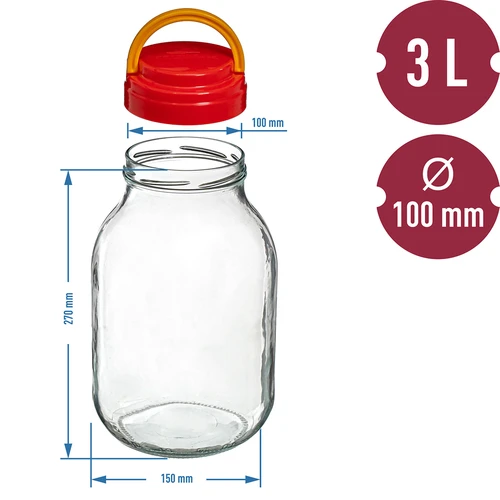 Pohár TO 3 L s plastovým viečkom + kliešte fi 100 - 6 ['dóza', ' sklenená dóza', ' sklenený pohár', ' pohár s viečkom', ' pohár na nakladanie uhoriek', ' pohár na uhorky', ' pohár na likéry', ' dóza na likéry', ' pohár s kliešťami', ' kliešte na uhorky', ' kuchynské kliešte']