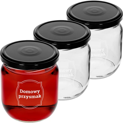 Pohár TO 425ml s potlačou „Domáca pochúťka” a čiernym viečkom fi 82 - 3ks.  - 1 ['poháre s potlačou', ' ozdobné poháre', ' poháre s viečkami', ' poháre na zaváraniny', ' elegantné poháre', ' poháre na džemy', ' pohár s potlačou', ' pohár s grafikou', ' poháre na zaváraniny', ' poháre do špajze', ' pohár 500 ml']