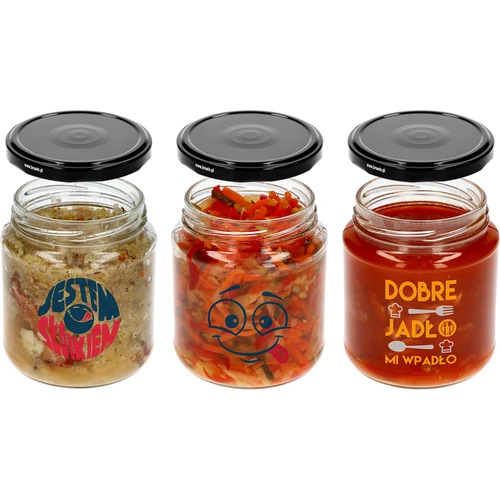 Pohár TO 580ml fi 82 s farebnou potlačou a čiernym viečkom, 3ks. - 4 ['pohár s potlačou', ' na zaváraniny', ' pohár s nápismi', ' ozdobný pohár', ' pohár s viečkom', ' pohár 580 ml', ' dekoratívny pohár', ' čierne viečka na poháre', '']