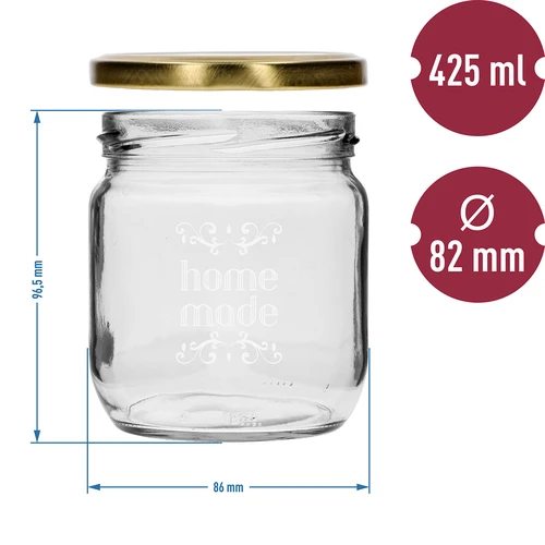Pohár Twist-off 425ml s potlačou „Home Made” a viečkom, 3 ks. - 6 ['poháre s potlačou', ' ozdobné poháre', ' poháre s viečkami', ' poháre na zaváraniny', ' elegantné poháre', ' poháre na džemy', ' pohár s potlačou', ' pohár s grafikou', ' poháre na zaváraniny', ' poháre do špajze']