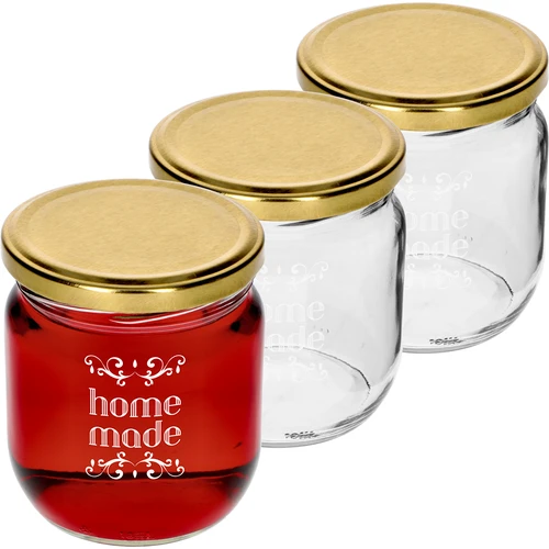 Pohár Twist-off 425ml s potlačou „Home Made” a viečkom, 3 ks.  - 1 ['poháre s potlačou', ' ozdobné poháre', ' poháre s viečkami', ' poháre na zaváraniny', ' elegantné poháre', ' poháre na džemy', ' pohár s potlačou', ' pohár s grafikou', ' poháre na zaváraniny', ' poháre do špajze']