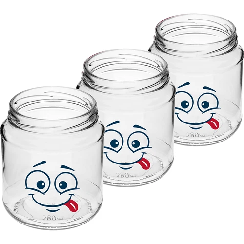 Pohár twist-off 580ml s potlačou Smajlík a viečkom fi 82/6 - 3 ks. - 3 ['poháre', ' sklenený pohár', ' sklenené poháre', ' pohár s viečkom', ' pohár s potlačou', ' pohár na obed', ' pohár na potraviny', ' pohár', ' sada pohárov', ' poháre fi 82 poháre s viečkami 6 úchytov', ' poháre s čiernymi viečkami', ' na zaváraniny']
