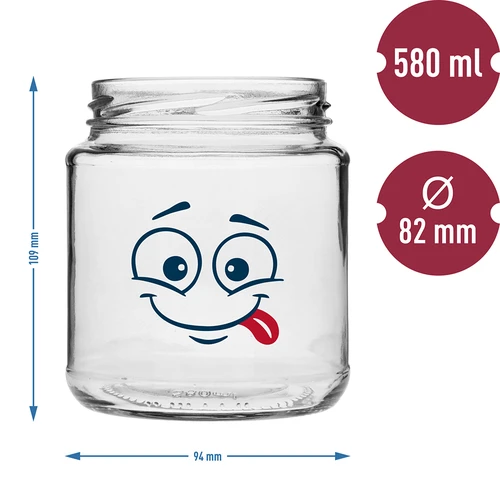 Pohár twist-off 580ml s potlačou Smajlík a viečkom fi 82/6 - 3 ks. - 7 ['poháre', ' sklenený pohár', ' sklenené poháre', ' pohár s viečkom', ' pohár s potlačou', ' pohár na obed', ' pohár na potraviny', ' pohár', ' sada pohárov', ' poháre fi 82 poháre s viečkami 6 úchytov', ' poháre s čiernymi viečkami', ' na zaváraniny']