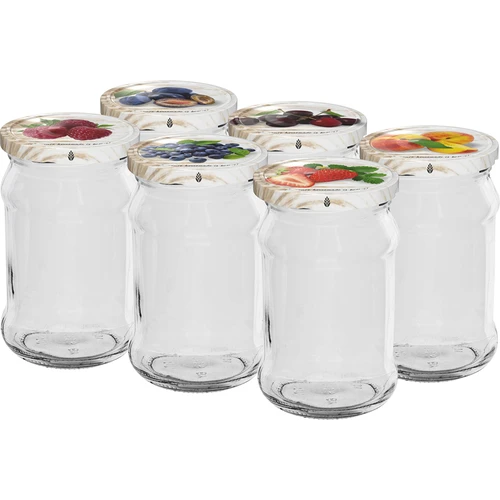 Poháre 300 ml s farebným viečkom fi 66 - 6 ks.  - 1 ['poháre na zaváraniny', ' poháre 300 ml', ' sada pohárov', ' poháre na zaváraniny', ' poháre s farebnými viečkami', ' farebné viečka', ' na kompóty', ' na džemy']