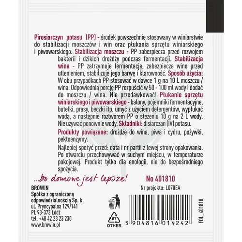 Pyrosiřičitan draselný 10 g - 2 ['pyrosiřičitan do vína', ' pyrosiřičitan draselný do vína', ' pyrosiřičitan draselný dezinfekcia', ' pyrosiřičitan draselný na dezinfekciu', ' stabilizácia vína']