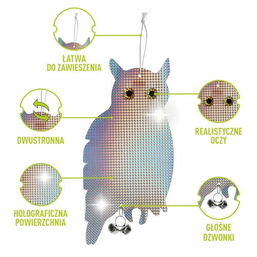 Reflexný záves odpudzujúci vtáky - sova s rolničkami - 4 ['odpudzovač vtákov', ' sova odpudzujúca vtáky', ' reflexný odpudzovač', ' reflexná sova s rolničkami', ' ochrana plodín a sadov pred vtákmi', ' ochrana záhrad', ' pozemkov a altánkov pred vtákmi', ' ochrana stromov a kríkov pred vtákmi', ' účinný odpudzovač vtákov', ' sova na vtáky', ' sova s odrazkami a zvukom proti vtákom', ' odpudzovač vtákov v tvare sovy', ' odpudzovanie holubov', ' škorcov', ' vrán', ' záves na vtáky', ' záves na odpudzovanie vtákov']