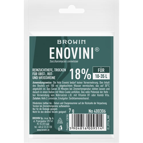 Reinzuchthefe, Trocken Enovini 7g  - 1 ['kvasinky enovini', ' aktívne sušené vínne kvasinky', ' vínne kvasinky', ' kvasinky na víno', ' sušené vínne kvasinky', ' sušené kvasinky', ' sušené kvasinky na víno', ' kvasinky na biele víno', ' kvasinky na červené víno']
