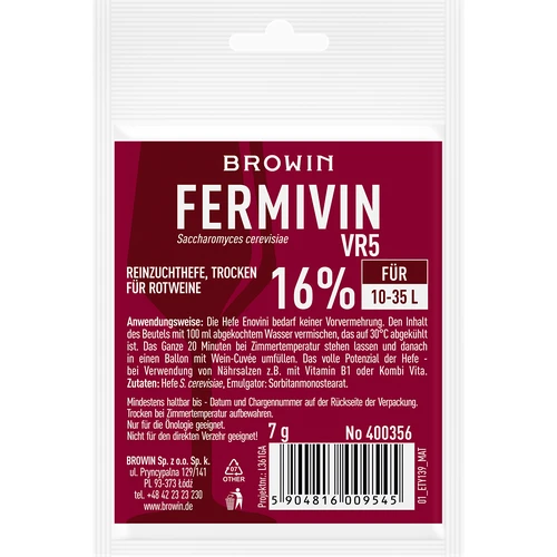 Reinzuchthefe, Trocken Fermivin VR5 7g  - 1 ['kvasnice fermivin', ' aktívne sušené vínne kvasnice', ' vínne kvasnice', ' kvasnice na víno', ' sušené vínne kvasnice', ' sušené kvasnice', ' sušené kvasnice na víno', ' kvasnice na červené víno']