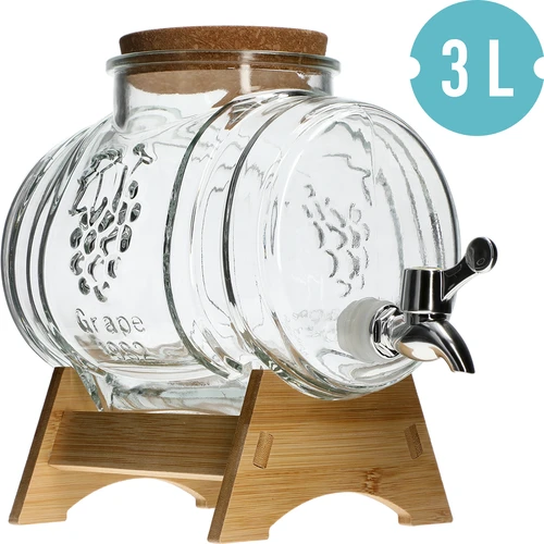 Sklenený súdok 3 L, so širokým hrdlom, korkom, podstavcom a kohútikom - 2 ['súdok na limonádu', ' ozdobná nádoba na nápoje', ' pohár súdok s kohútikom', ' súdok na alkohol s kohútikom', ' sklenená fľaša s kohútikom', ' sklenená fľaša na nápoje', ' súdok na nápoj na párty', ' súdok s kohútikom do záhrady', ' limonáda vonku', ' letné osvieženie', ' sklenený súdok', ' súdok so širokým otvorom', ' súdok so širokým hrdlom', ' súdok na limonádu', ' súdok na stojane', ' pohár s kohútikom', ' limonáda', ' punč', ' sangria', ' súdok na likér', ' na alkohol', ' dávkovač nápojov', ' na oslavy', ' na podávanie nápojov a nápojov', ' súdok na stojane']