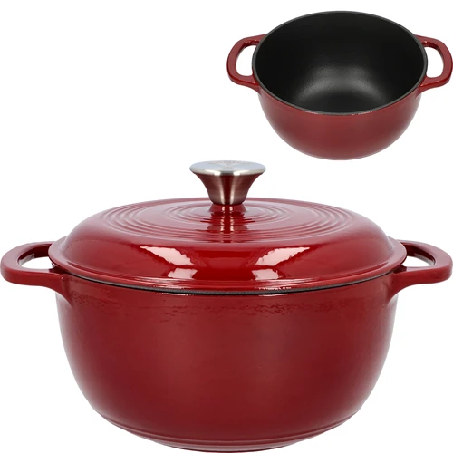 Smaltovaný liatinový hrniec - bordový, 4 L  - 1 ['liatinové hrnce', ' smaltované liatinové hrnce', ' liatinové nádoby', ' výhody liatinových nádob', ' smaltovaná liatina', ' varenie v liatinovom hrnci', ' liatinový hrniec so smaltom', ' hrniec v farbe ecru', ' hrniec v bordovej farbe', ' hrniec v šalviovej farbe', ' prečo sa oplatí variť v liatinových hrncoch', ' na darček', ' aké liatinové hrnce vybrať']
